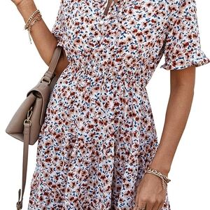Chic Floral Midi Dress in Blue and Brown